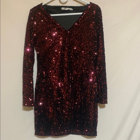 Sequin V-Neck Dress - Red - Picture 1 of 5